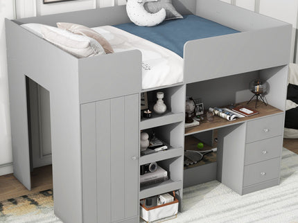 Loft Bed With Built In Wardrobe, Desk, Shelves, And Drawers