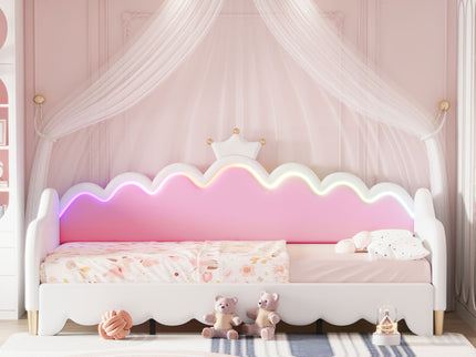 Extending Daybed With LED Lights, Modern Upholstered Princess Daybed With Crown Headboard