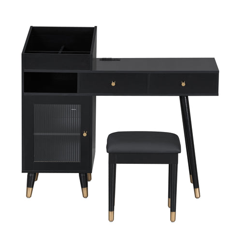 Modern Makeup Vanity Desk With Drawers Cabinet & Charging Port Engineered Wood Space Saving Design For Small Places - Black