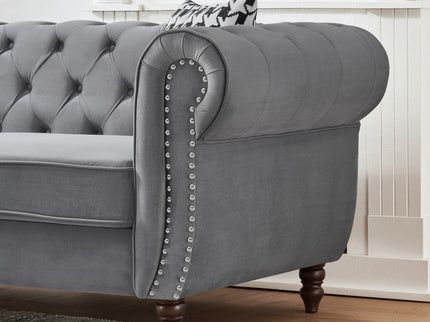 Chesterfield Upholstery Fabric Sofa With Roll Armrest & Nailhead, Mid Century Modern 3 And 3 Seater Couch