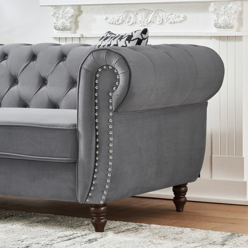 Chesterfield Upholstery Fabric Sofa With Roll Armrest & Nailhead, Mid Century Modern 3 And 3 Seater Couch