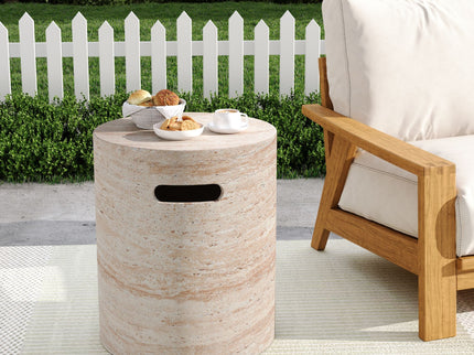 Modern Concrete Side Table With Travertine, Indoor / Outdoor Use - Beige