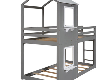 Bunk Bed Wood Bed & Roof, Window, Guardrail, Ladder