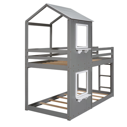 Bunk Bed Wood Bed & Roof, Window, Guardrail, Ladder