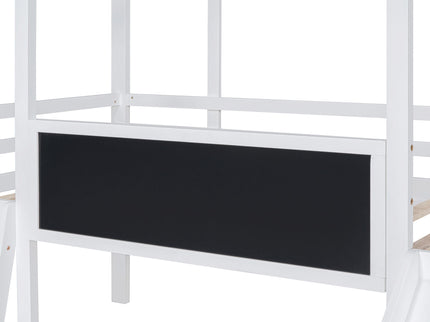 Loft House Bed With Ladder And Slide, With board And Light Strip On The Roof
