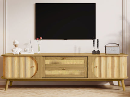 Rattan TV Stand For Tvs Up To 75'', Modern Farmhouse Media Console, Entertainment Center With Legs, TV Cabinet For Living Room, Home Theatre - Natural Wood