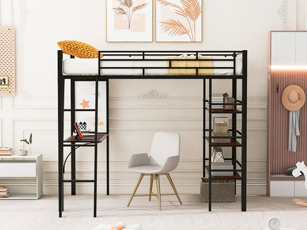 Loft Metal Bed With 3 Layers Of Shelves And Desk, Stylish Metal Frame Bed With board