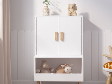 Toy Storage Cabinet With Doors And Open Shelf, Toddler Bookshelf For Playroom - White