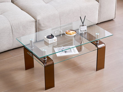 Modern Tempered Glass Coffee Table With 2 Tier Storage For Living Room
