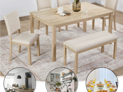 6 Piece Dining Table Set With Bench - Beige / Light Oak