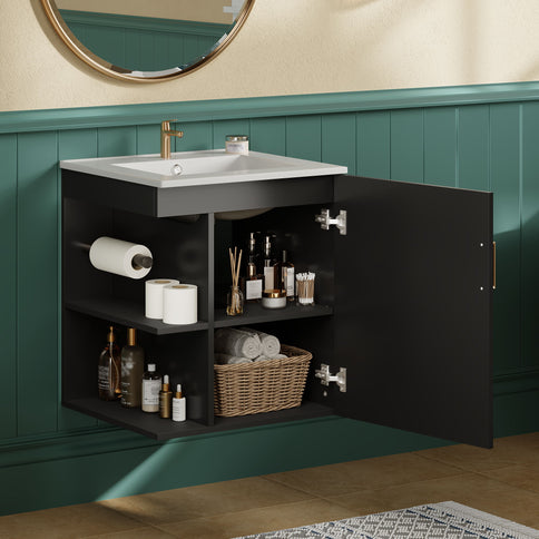Modern Wall Mounted Bathroom Cabinet With Side Shelf And Ceramic Sink