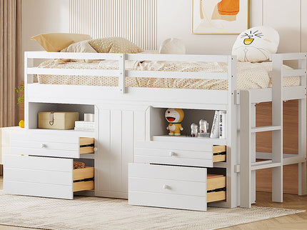 Loft Bed With 4 Drawers, Underneath Cabinet And Shelves