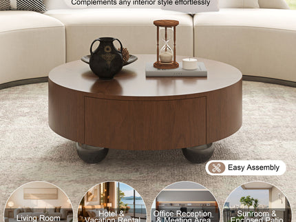 Drum Shaped Coffee Table With Hidden Storage Drawer, Low Profile For Living Room - Walnut