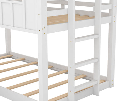 Twin Over Twin House Bunk Bed With Slide And Windows - White / Gray