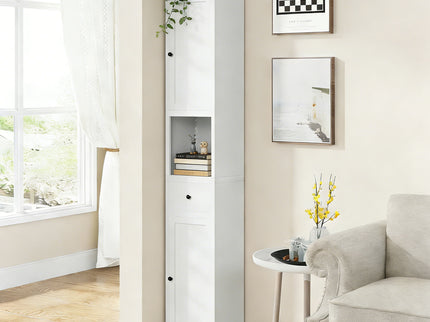 Tall Bathroom Storage Cabinet, 5-Tier Narrow With 2 Doors & Adjustable Shelves, Freestanding - White