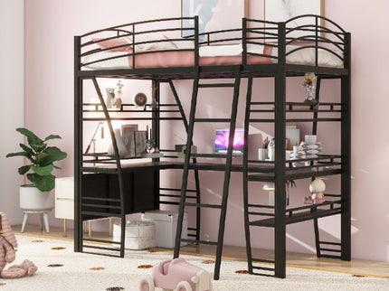 Loft Bed With 4 Layers Of Shelves And L-Shaped Desk, Stylish Metal Frame Bed With A Set Of Sockets, USB Ports And And Wireless Charging