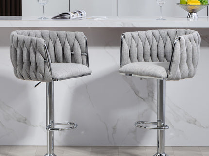 360 Degree Swivel Bar Stools Adjustable Counter Height Bar Chairs With Woven Back & Footrest, Silver Chromed Bar Stools For Kitchen Island (Set of 2) - Gray