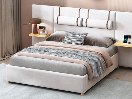 Upholstered Platform Bed, 2 Outlets And USB Charging Ports On Both Sides, 2 Bedside Pillows, Storage Shelves