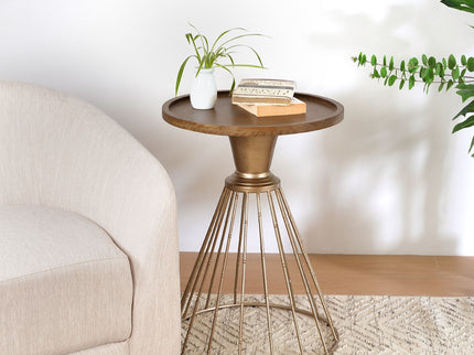 Hollow - Edge Retro Art Pine Side Table With Antique And Natural Color, Iron And Pine Construction - Antique Gold / Natural