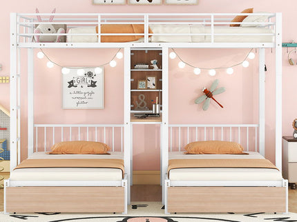 Triple Bunk Bed With Drawers, Multi-Functional Frame With Desks And Shelves In The Middle