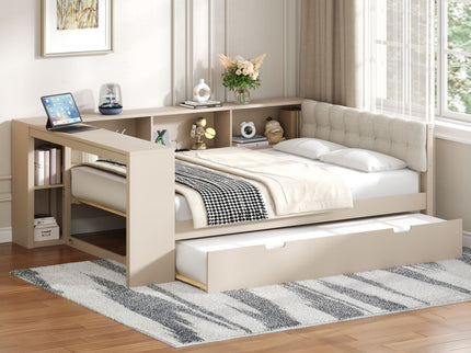 Upholstered Headboard Platform Bed With Storage Shelves, Trundle, Charging Station