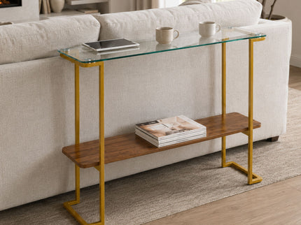 Console Table With Shelf, 2 Tier Living Room - Gold / Walnut