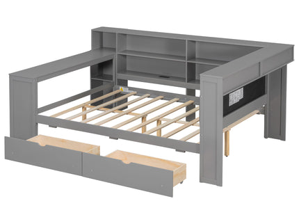 Platform Bed With Upholstered Headboard, Storage Shelves, Drawers, Charging Station, LED Lighting, Built In Desk