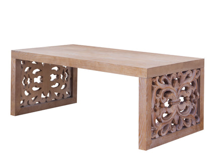 Rustic Carved Wood Coffee Table, Handcrafted Look With Ornate Side Panels