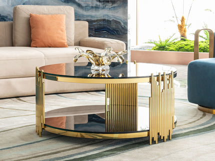 Elegant Round Table With Double Layer Tempered Glass Top And Stainless Steel Frame For Living Room