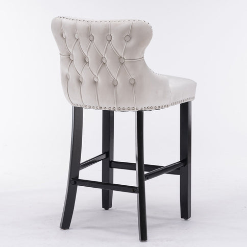 Contemporary Upholstered Wing-Back Barstools With Button Tufted Decoration And Wooden Legs, And Nailhead Trim, Leisure Style Bar Chairs, Bar Stools (Set of 2)