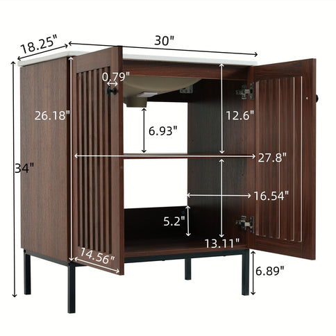30" Vintage Bathroom Vanity With Ceramic Sink, Modern Bathroom Vanity Cabinet With 2 Soft Close Doors, Equpiied With 4 Sturdy Iron Legs - Antique Dark Brown