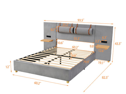 Upholstered Platform Bed, 2 Outlets And USB Charging Ports On Both Sides, 2 Bedside Pillows, Storage Shelves