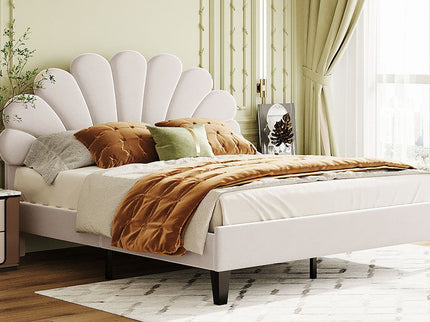 Upholstered Platform Bed With Flower Pattern Headboard