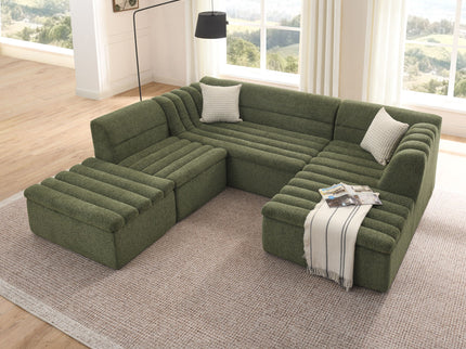 U-Shaped Modular Sectional Sofa With Chaise And Movable Ottoman With Wave-Shaped Armrest
