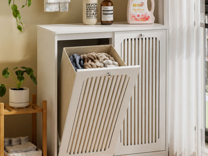 Louvered Flip Top Laundry Cabinet With Dual Fabric Baskets - White