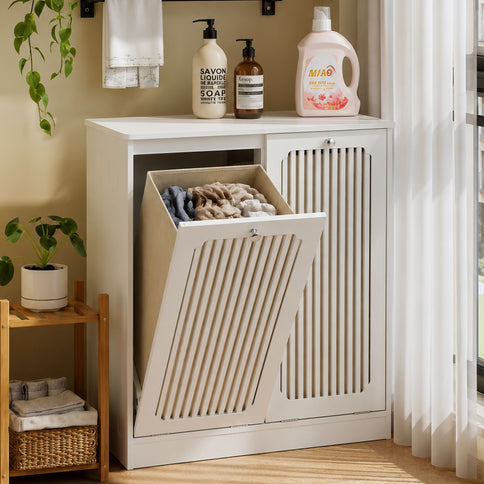 Louvered Flip Top Laundry Cabinet With Dual Fabric Baskets - White