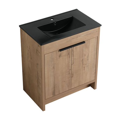 30" Freestanding Bathroom Cabinet With Basin & 2 Soft Close Doors - Imitative Oak