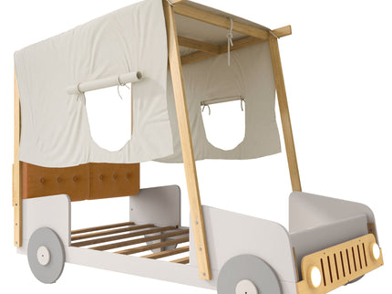 Twin Size Car Bed With Pillow, Ceiling Cloth And LED - Natural