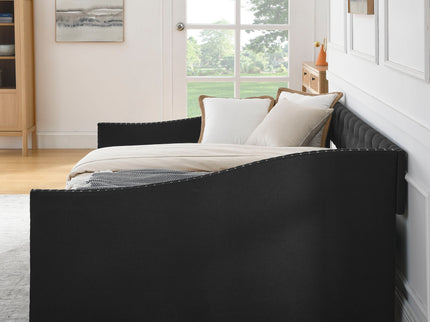 Upholstered Tufted Daybed With 2 Drawers, Waved Arms