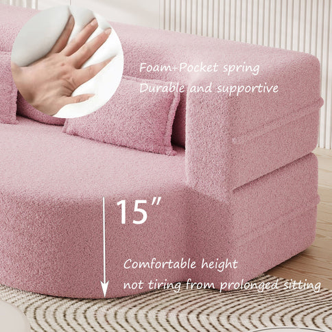 Modern Floor Sofa, With 2 Pillows, Convertible Teddy Fabric Foam Filled Bed