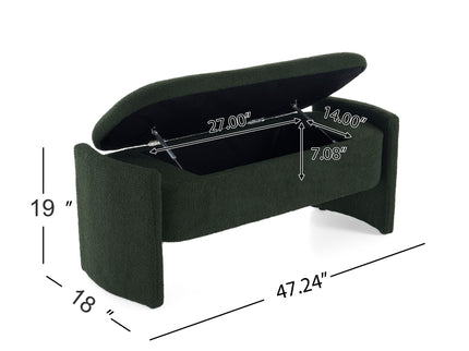 Elegant Long Shaped Storage Ottoman Bench, Boucle Material, Simple And Grand Design - Dark Green