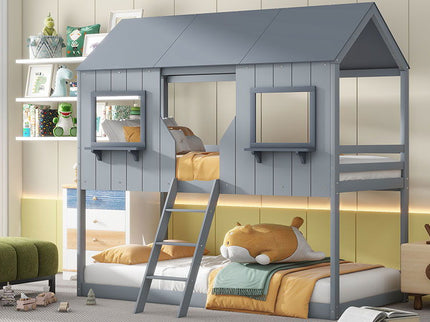 Twin Over Twin Bunk Bed With Roof, Window, Guardrail, Ladder