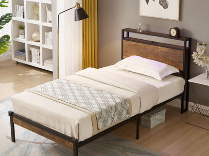 Platform Bed Frame With Wooden Headboard And Footboard, USB Liner