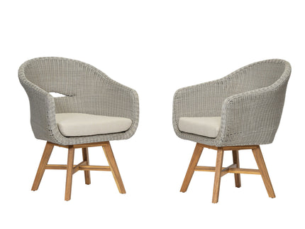 Modern Coastal Rattan Dining Chairs, (Set of 2), Solid Wood Legs - Beige
