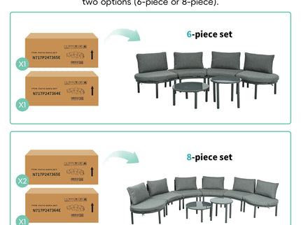 6 Piece Patio Set, Half Moon Outdoor Sectional Sofa With 2 High Low Coffee Tables, 4 Pillows & Cushions