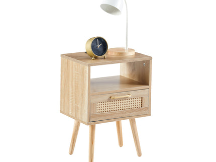 15.75" Rattan End Table With Power Outlet & USB Ports, Modern Nightstand With Drawer And Solid Wood Legs, Side Table For Living Room, Bedroom