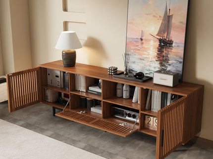 TV Stand, Entertainment Center With Slatted Doors, Cable Management, Soft Closing Hinges - Walnut