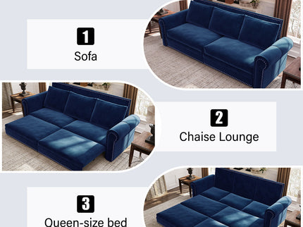 3 In 1 Convertible Sleeper Sofa With Nailhead Trim & Rolled Arm