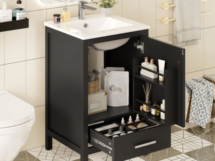 Bathroom Vanity With Ceramic Sink, Soft Close Drawers, Door Organizer, Divider Drawer, Adjustable Foot Pads