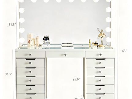 LED Lighted Makeup Vanity Desk With 16 Bulbs Mirror, 13 Drawers Dressing Table For Bedroom - Gloss White
